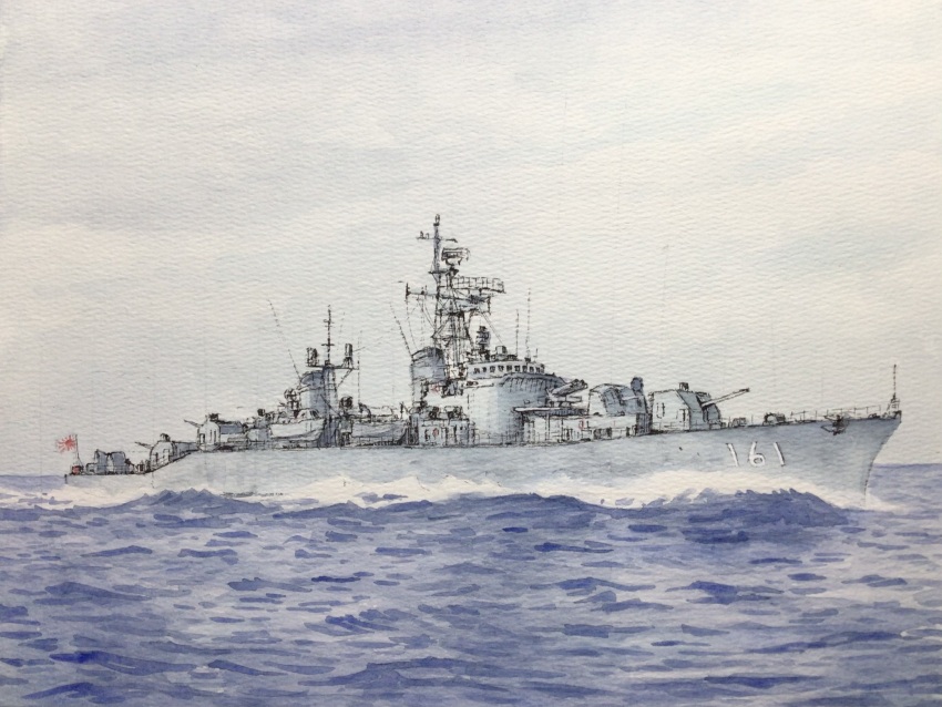 atelier_bono cannon cloud cloudy_sky commentary_request destroyer flag highres japan_maritime_self-defense_force japan_self-defense_force jds_akizuki_(dd-161) mast military military_vehicle no_humans ocean original outdoors painting_(medium) rising_sun_flag sailing ship ship_turret sky smokestack sunburst traditional_media vehicle_focus warship watercolor_(medium) watercraft waves