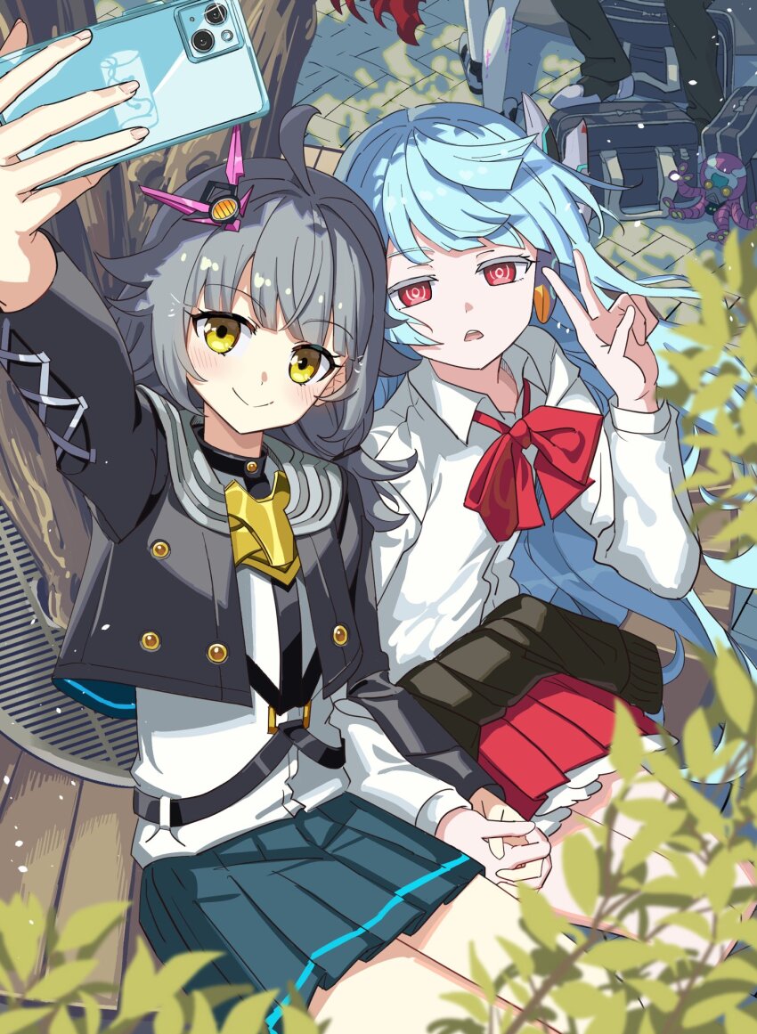 2girls adamski_s-rank_space anisakisu aqua_hair black_jacket blue_skirt cellphone collarbone cropped_jacket duel_masters duel_masters_play&#039;s grey_hair hair_ornament highres holding holding_hands holding_phone jacket long_hair looking_at_viewer multiple_girls neckerchief phone pleated_skirt red_eyes red_neckerchief red_skirt selfie shirt skirt smartphone smile tree v vivi_(duel_masters_play&#039;s) white_shirt yellow_eyes