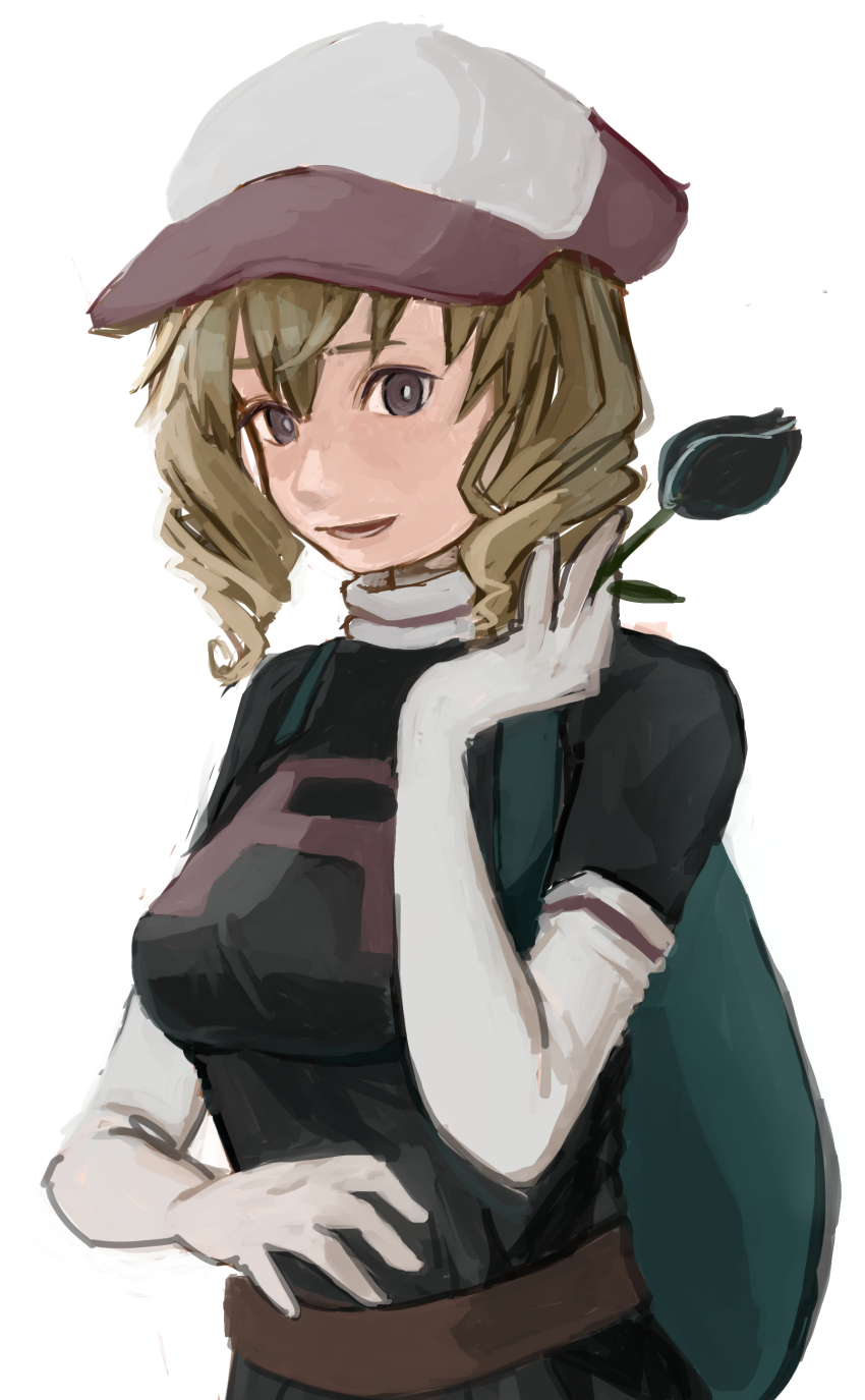 1girl absurdres black_eyes black_shirt blonde_hair bright_pupils domino_(pokemon) drill_hair elbow_gloves flower gloves hat highres holding holding_flower kmusy_mp4 looking_at_viewer nintendo open_mouth pokemon pokemon_(anime) pokemon_(classic_anime) shirt short_hair simple_background solo team_rocket team_rocket_uniform tulip upper_body white_background white_gloves white_hat white_pupils
