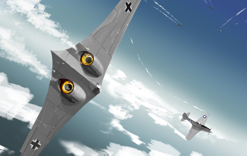 absurdres aerial_battle afterburner aircraft airplane balkenkreuz battle blue_sky cloud contrail cross dogfight fighter_jet germany highres ho_229 luftwaffe military military_vehicle nazi no_humans p-51_mustang propeller_fighter realistic sketch sky united_states_air_force user_wnyf7854 world_war_ii