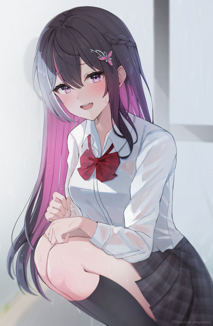 1girl :d absurdres alternate_costume azki_(hololive) black_hair black_skirt black_socks blurry blurry_background bow bowtie braid bus_stop collared_shirt colored_inner_hair commentary_request double-parted_bangs dress_shirt hair_bun hair_ornament hairclip half_up_braid hands_on_own_knees highres hololive kneehighs looking_at_viewer loose_bowtie miniskirt multicolored_hair nanase_nayumu open_mouth outdoors pink_hair plaid_bow plaid_bowtie plaid_clothes plaid_skirt pleated_skirt purple_eyes rain red_bow red_bowtie school_uniform shirt shirt_tucked_in single_side_bun skirt smile socks solo squatting streaked_hair teeth upper_teeth_only virtual_youtuber wet wet_clothes wet_shirt white_hair white_shirt
