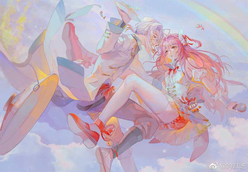 2boys ajirogasa ankle_bow ankle_ribbon antenna_hair back_bow bare_shoulders bloomers bow bowtie brown_pants chinese_clothes chinese_commentary claypot_rice_(the_tale_of_food) cloud coat curtained_hair detached_sleeves dress eye_contact food fried_rice hair_between_eyes hair_intakes hand_up har-gow_(the_tale_of_food) hat holding holding_microphone holding_plate leg_up light_blush long_hair looking_at_another low_ponytail male_focus mary_janes medium_hair microphone midair multiple_boys pants parted_bangs parted_lips pink_eyes pink_hair plate ponytail profile puffy_detached_sleeves puffy_sleeves rainbow red_bloomers red_eyes red_ribbon red_sash red_shoes ribbon sandals sash shin_guards shoe_soles shoes short_dress shrimp shrimp_hair_ornament sleeveless sleeveless_dress the_tale_of_food thighhighs trap two_side_up underwear unworn_hat unworn_headwear watermark weibo_watermark white_bow white_bowtie white_coat white_dress white_thighhighs wrist_cuffs yaoi yinzinmiemie