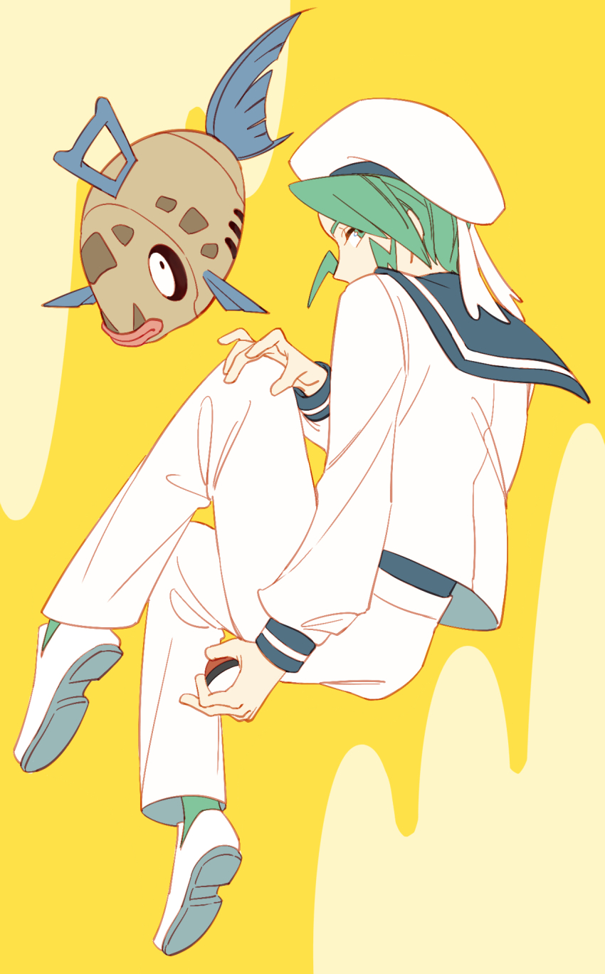 1boy alternate_costume beret commentary_request feebas fish gen_3_pokemon green_eyes green_hair green_socks hat highres holding holding_poke_ball kado_51 long_sleeves looking_back male_focus nintendo pants poke_ball poke_ball_(basic) pokemon pokemon_(creature) pokemon_rse sailor sailor_collar shirt shoes short_hair socks wallace_(pokemon) white_footwear white_hat white_pants white_shirt