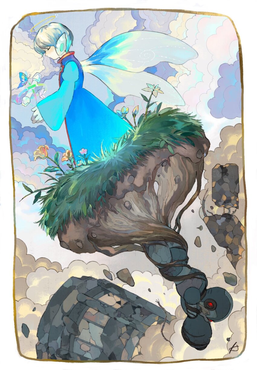 2boys android arm_cannon armor blue_armor blue_coat blue_headwear closed_eyes coat cyber_elf_x_(mega_man) debris fairy_wings flower forehead_jewel glowing halo helmet highres karen_(karenoni1031) mega_man_(series) mega_man_x_(series) mega_man_zero_(series) multiple_boys no_headwear upside-down weapon white_hair wings x_(mega_man) z_saber