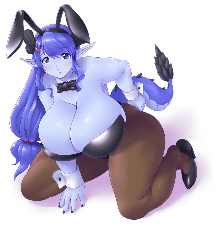 1girl animal_ears antlers arm_behind_back bare_shoulders between_legs black_bow black_bowtie black_hairband black_leotard black_nails black_shoes blue_eyes blue_hair blue_skin blue_tail bow bowtie breasts brown_pantyhose cleavage closed_mouth colored_skin curvy detached_collar dragon_girl dragon_tail fake_animal_ears fingernails freckles futaba_channel hair_between_eyes hair_ornament hairband hairclip hand_between_legs high_heels highleg highleg_leotard horns huge_breasts kneeling kuma_(kumahoihoi) leotard long_hair low-tied_long_hair mole mole_under_eye nail_polish nijiura_maids pantyhose playboy_bunny pointy_ears purple_lips rabbit_ears seiryuu_(nijiura_maids) shadow shoes sidelocks simple_background skindentation smile solo spiked_tail strapless strapless_leotard tail tareme thick_thighs thighs white_background wide_hips wrist_cuffs