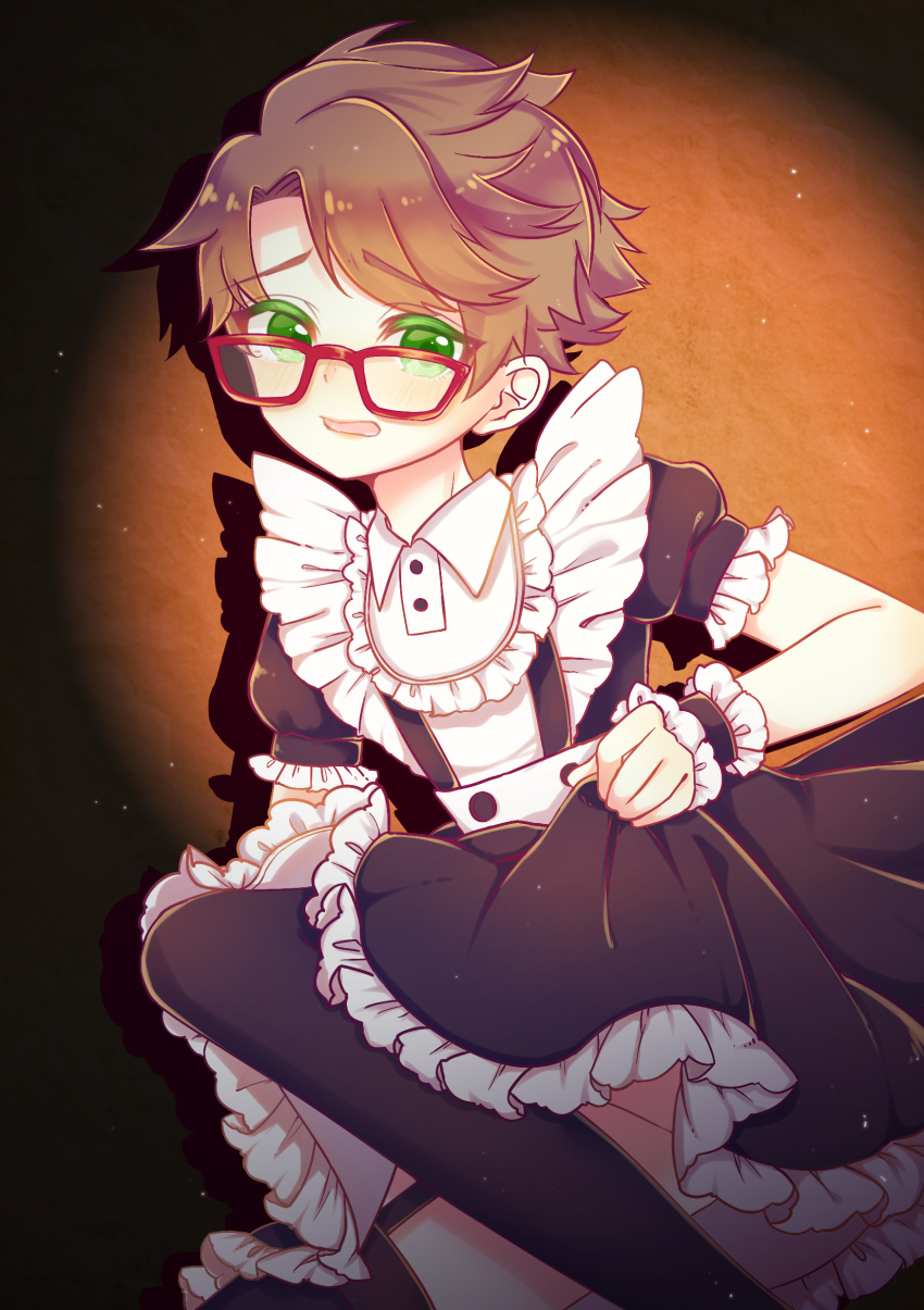 absurdres black_skirt black_thighhighs blush brown_hair garter_straps green_eyes highres identity_v looking_at_viewer lucky_guy lucky_guy_(maid_outfit) male_focus mishima-maki official_alternate_costume official_art puffy_short_sleeves puffy_sleeves red-framed_eyewear scrunchie short_sleeves skirt skirt_hold solo thighhighs trap wrist_scrunchie