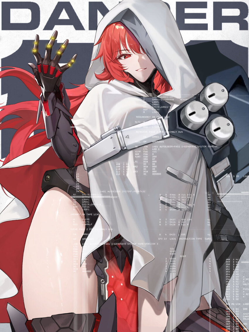 1girl cloak dramz goddess_of_victory:_nikke highres hood hooded_cloak mechanical_arms nihilister_(nikke) nihilister_(rebuilt)_(nikke) official_alternate_costume official_artist_extra red_eyes red_hair smile solo thighs white_cloak white_hood