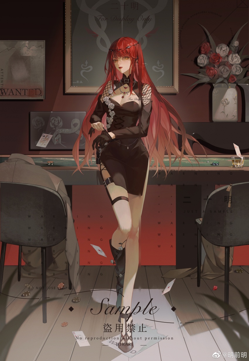 1girl absurdres ace_(playing_card) ace_of_hearts alcohol asymmetrical_footwear belt belt_buckle belt_collar black_belt black_boots black_collar black_dress black_gloves black_sleeves boots breasts brown_boots brown_coat buckle card casino casino_card_table chair circlet cleavage closed_mouth coat collar commission cross-laced_clothes cross-laced_dress detached_collar detached_sleeves dress earrings expressionless eyelashes fishnet_sleeves fishnets floating_card flower full_body gem glass gloves gradient_hair heart high_collar high_heels highres indoors jewelry king_(playing_card) king_of_diamonds knee_boots large_breasts layered_sleeves lipstick long_hair looking_at_viewer makeup mingqianming mismatched_footwear multicolored_hair necklace orange_hair original painting_(object) plant playing_card poker_chip potted_plant putting_on_gloves queen_(playing_card) queen_of_spades_(playing_card) red_flower red_gemstone red_hair red_lips red_rose ribbed_legwear rose sample_watermark short_dress side_slit sidelocks single_glove single_knee_boot solo standing strapless strapless_dress table thigh_belt thigh_strap too_many_watermarks unworn_coat unworn_gloves vase very_long_hair wanted_poster watermark weibo_watermark white_flower white_rose wooden_floor yellow_eyes