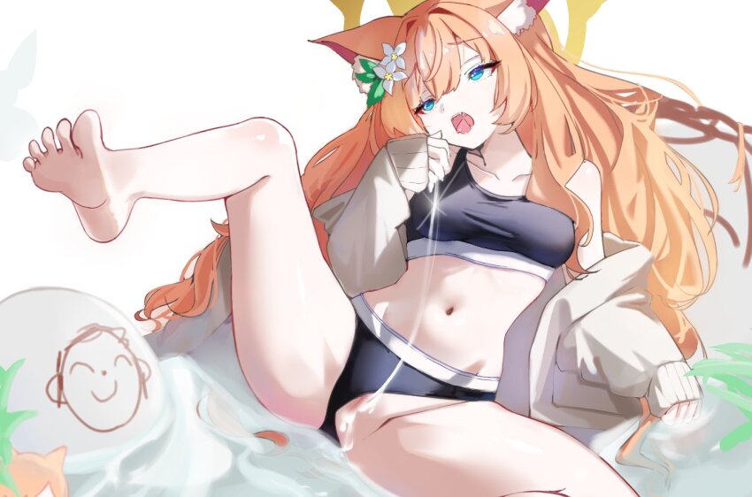 1girl after_vaginal animal_ear_fluff animal_ears bare_shoulders blue_archive blue_bra blue_buruma blue_eyes blush bra breasts buruma buruma_aside cat_ears cat_girl censored clothing_aside cum cum_in_pussy cum_string doodle_sensei_(blue_archive) fangs flower hair_flower hair_ornament halo long_hair mari_(blue_archive) mari_(track)_(blue_archive) medium_breasts navel off-shoulder_jacket off_shoulder open_mouth orange_hair pussy saliva saliva_trail sensei_(blue_archive) sports_bra spread_legs thighs thorru tongue underwear water yellow_halo