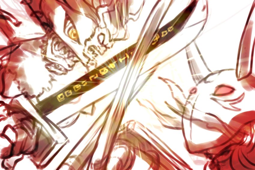 digimoji digimon highres looking_at_another mask musyamon sharp_teeth sword teeth weapon yaksamon