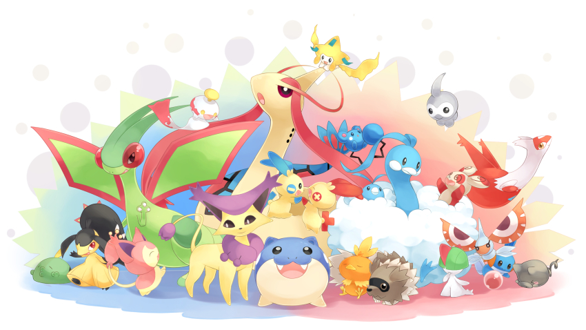 :d @_@ altaria azurill black_eyes bright_pupils castform castform_(normal) chimecho claws closed_mouth commentary_request delcatty fangs flygon gen_3_pokemon gulpin highres jirachi latias legendary_pokemon masquerain mawile milotic minun mudkip mythical_pokemon nintendo no_humans open_mouth plusle pokemon pokemon_(creature) putto ralts red_eyes skitty smile spheal spinda spoink standing swablu tongue torchic white_pupils zigzagoon