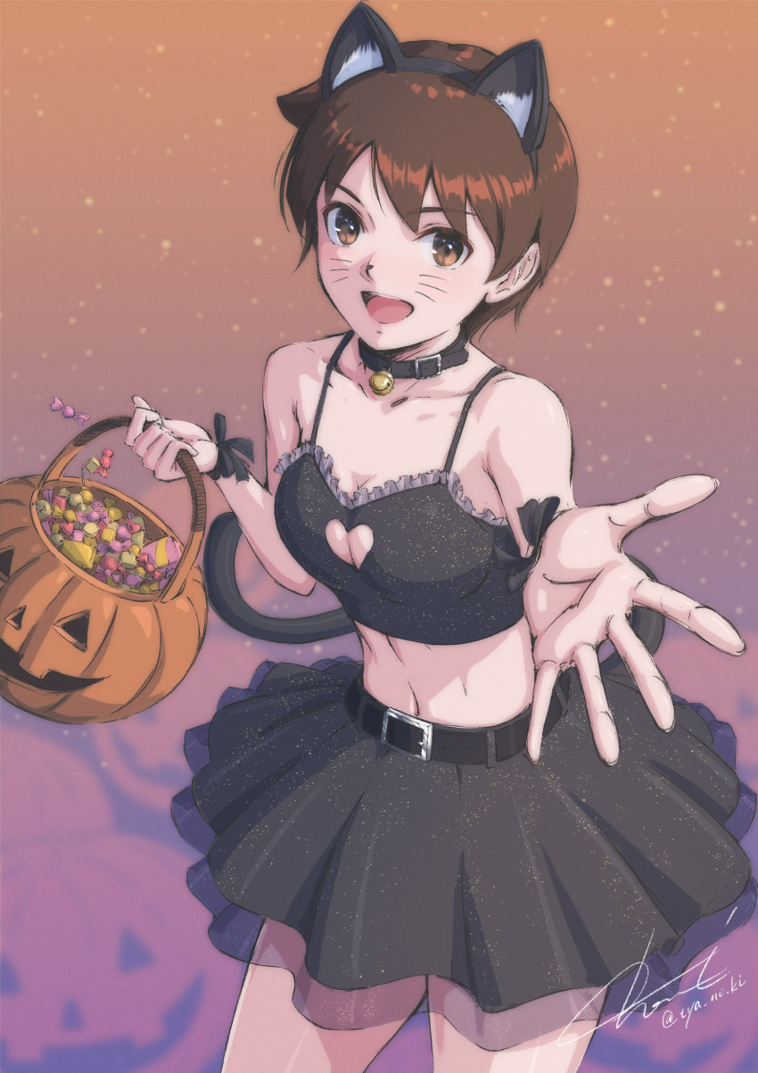 1girl absurdres alternate_costume animal_ear_hairband animal_ears bare_shoulders bell belt black_belt black_collar black_hairband black_ribbon black_skirt black_tail breasts brown_eyes brown_hair candy cat_ear_hairband cat_ears cat_tail cleavage clothing_cutout collar collarbone commentary commentary_request cowboy_shot crop_top english_commentary facial_mark fake_animal_ears food gradient_background hairband halloween halloween_bucket heart_cutout highres holding jingle_bell kasugano_sakura looking_at_viewer midriff mixed-language_commentary navel neck_bell open_mouth orange_background outstretched_hand pleated_skirt purple_background ribbon short_hair signature skirt sleeveless small_breasts smile solo standing street_fighter tail twitter_username tyanoki whisker_markings wrist_ribbon