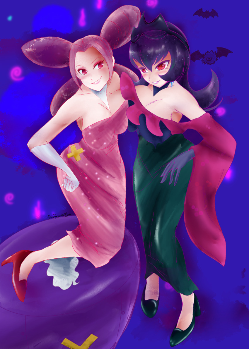 2girls asymmetrical_docking bellelba_(pokemon) blush breast_press breasts dark_room dress fantina_(pokemon) flatpancakesjim gen_5_pokemon gloves high_heels highres large_breasts long_dress long_hair makeup multiple_girls nintendo pink_hair pokemon pokemon_(creature) pokemon_bw2 pokemon_dppt pokestar_studios purple_hair red_eyes sabrina_(pokemon) self-upload thick_thighs thighs woobat