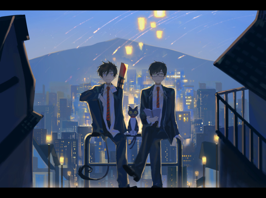 2boys ao_no_exorcist arm_on_knee black_hair black_jacket black_pants black_shoes book brothers city city_lights crossed_legs curled_tail drinking_straw glasses highres holding holding_book jacket juice_box kuro_(ao_no_exorcist) male_focus multiple_boys necktie night night_sky okumura_rin okumura_yukio pants pointy_ears rives school_uniform shoes shooting_star short_hair siblings sitting sitting_on_object sky striped_necktie twins weapon_bag
