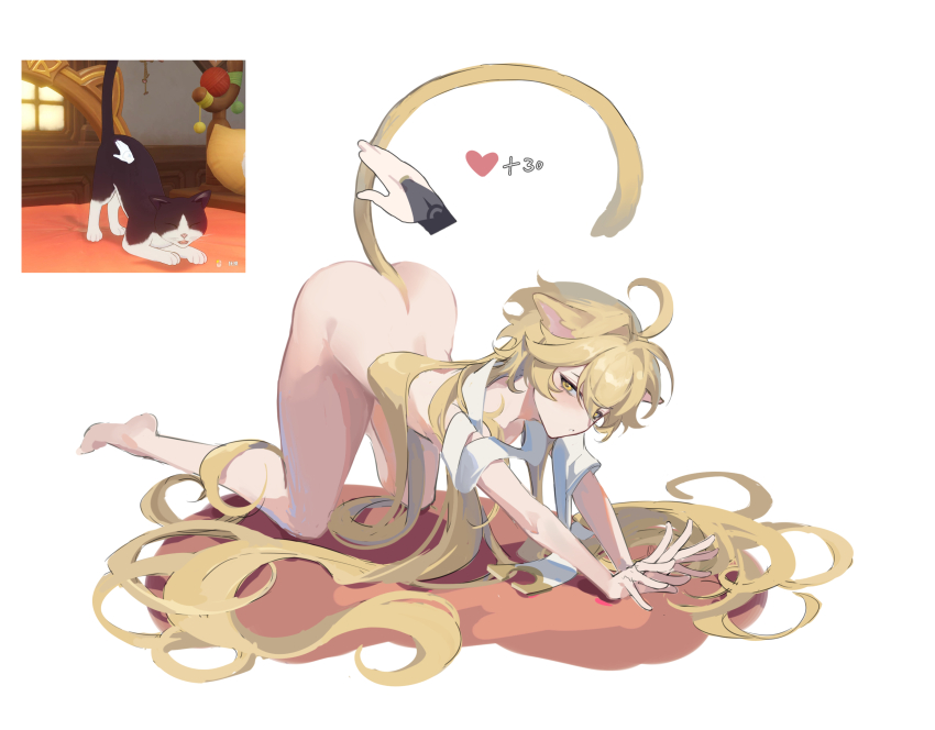 2boys aether_(genshin_impact) ahoge all_fours animal_ears arched_back ass blonde_hair cat cat_boy cat_ears cat_tail commentary genshin_impact highres long_hair multiple_boys nude petting reference_inset sash scaramouche_(genshin_impact) suanjiaogao tail trap wanderer_(genshin_impact) white_background yellow_eyes