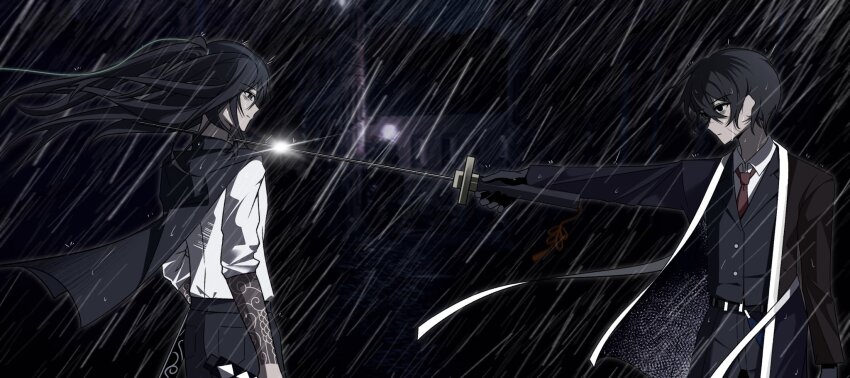 2boys belt black_belt black_coat black_eyes black_hair black_jacket black_pants blade_lineage_(identity)_(project_moon) closed_mouth coat collared_shirt cowboy_shot half_updo highres hong_lu_(project_moon) jacket justhungryaa kurokumo_clan_(identity)_(project_moon) lapels limbus_company long_hair long_sleeves male_focus multiple_boys necktie notched_lapels pants project_moon rain red_necktie shirt very_long_hair white_shirt yi_sang_(project_moon)