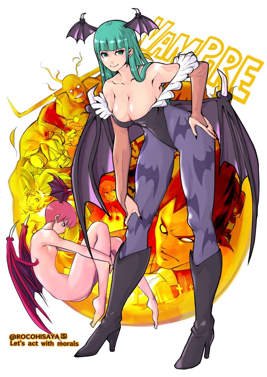 3boys 5girls animal_ears animal_print bare_shoulders bat_print black_footwear black_leotard black_nails boots breasts bridal_gauntlets b.b._hood cat_ears cat_girl cleavage collarbone demitri_maximoff felicia_(darkstalkers) full_body green_eyes green_hair hand_on_own_hip head_wings high_heel_boots high_heels highres hime_cut hsien-ko leotard lilith_(darkstalkers) long_hair morrigan_aensland multiple_boys multiple_girls pantyhose pink_hair print_pantyhose purple_pantyhose pyron red_eyes rocohisaya smile strapless strapless_leotard twitter_username darkstalkers victor_von_gerdenheim wings