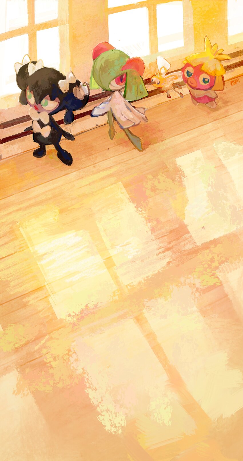 1girl absurdres aomidori_iro black_dress black_eyes black_hair black_sclera blonde_hair blue_eyes bow bright_pupils bug colored_sclera colored_skin cowlick crop_top cutiefly double_bun dress flying gen_2_pokemon gen_3_pokemon gen_5_pokemon gen_7_pokemon gothita green_hair green_skin hair_bow hair_bun half-closed_eyes highres indoors insect_wings kirlia looking_at_viewer multicolored_skin nintendo no_humans no_pants pink_lips pink_skin pokemon pokemon_(creature) proboscis purple_skin queue red_eyes red_lips short_hair skirt smoochum standing sunlight thick_lips two-tone_skin white_bow white_dress white_pupils white_skin white_skirt window window_shadow wings yellow_fur