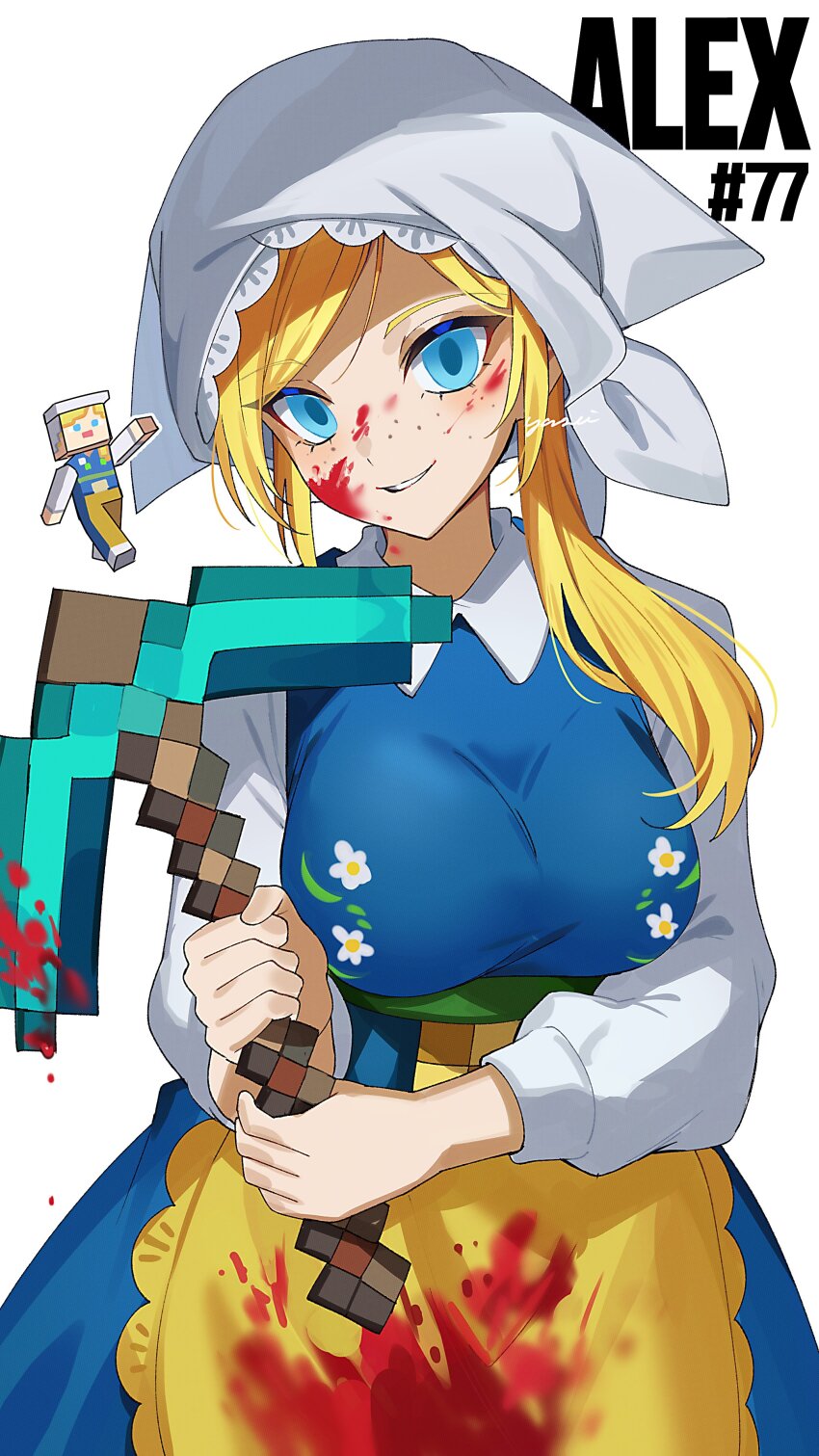 1girl absurdres alex_(minecraft) apron blonde_hair blood blood_on_clothes blood_on_face bloody_weapon blue_dress blue_eyes character_name collared_shirt dress eyelashes freckles highres holding holding_pickaxe long_hair looking_at_viewer minecraft pickaxe shirt simple_background sleeveless sleeveless_dress solo waist_apron weapon white_background white_headdress white_shirt yasaikakiage yellow_apron