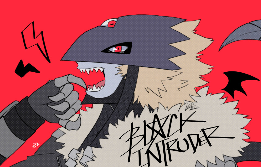 1boy beelzebumon blonde_hair claws colored_skin digimon digimon_(creature) digimon_tamers dragonwilbert drawn_wings fluffy_hair foreground_text from_side fur-trimmed_jacket fur_trim glaring gloves grey_skin helmet highres jacket leather leather_gloves lightning_bolt_symbol looking_at_viewer looking_to_the_side male_focus mechanical_tail monster_boy open_mouth picking_teeth portrait red_background red_eyes sharp_teeth short_hair signature simple_background slit_pupils solo song_name spiked_hair tail teeth third_eye