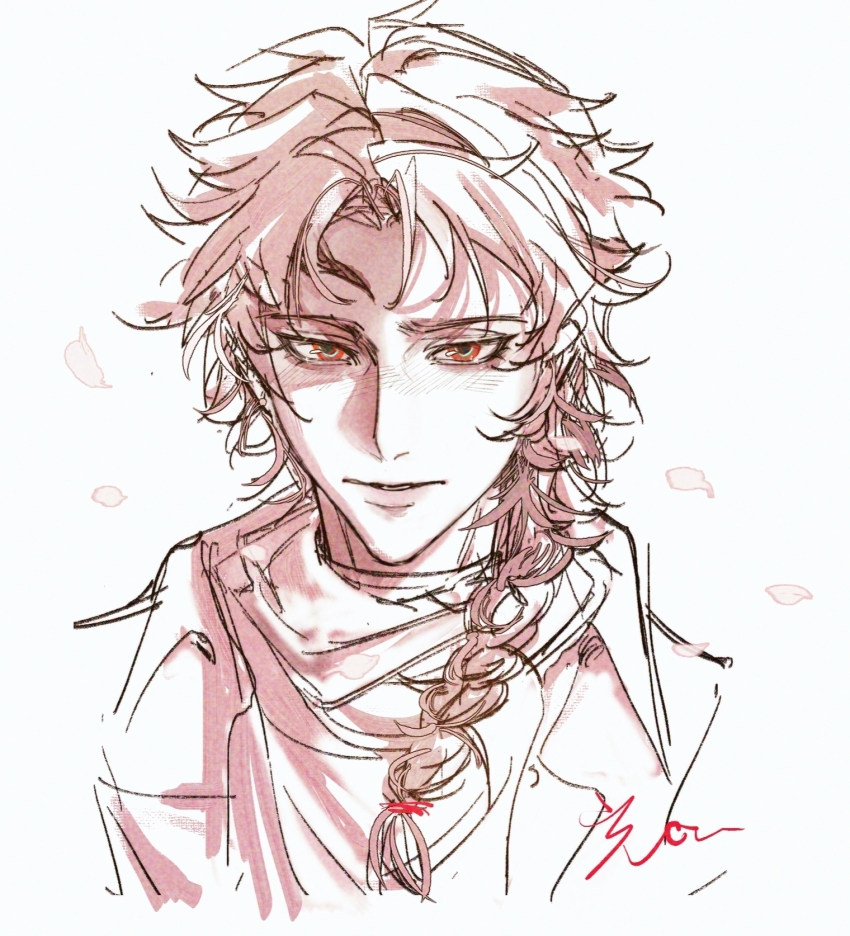 1boy braid chinese_commentary commentary_request cropped_shoulders curtained_hair dixinyinli falling_petals harada_minoru highres jacket long_hair male_focus monochrome open_clothes open_jacket parted_bangs parted_lips petals red_theme saibou_shinkyoku scar scar_on_face scar_on_forehead side_braid simple_background single_braid sketch solo white_background
