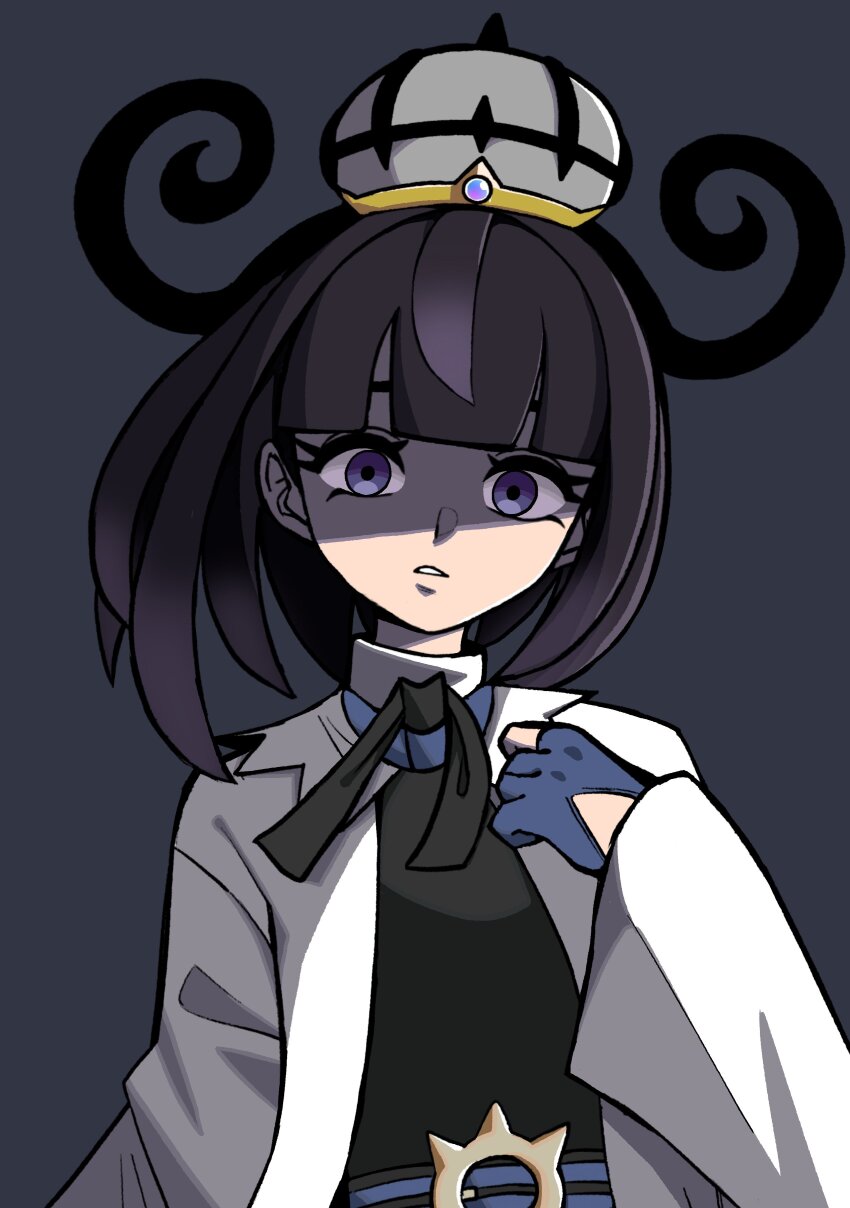 1girl absurdres black_dress black_hair blue_gloves blunt_bangs bob_cut coat dress gloves gradient_hair gwynn_(pokemon) hat highres long_sleeves looking_at_viewer mega_stone multicolored_hair n_k_m nintendo open_clothes open_coat open_mouth partially_fingerless_gloves pokemon pokemon_legends:_z-a purple_eyes purple_hair short_hair solo upper_body white_coat