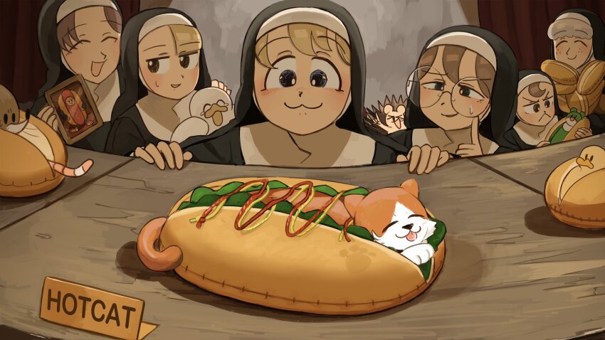 6+girls :3 baby_animal bird blonde_hair blue_hair brown_hair cat chicken closed_eyes clumsy_nun_(diva) commentary diva_(hyxpk) duck duckling earthworm english_commentary froggy_nun_(diva) glasses glasses_nun_(diva) grey_hair habit hedgehog highres hot_dog hungry_nun_(diva) little_nuns_(diva) mole_(animal) multiple_girls nun round_eyewear sheep_nun_(diva) slice_of_life spicy_nun_(diva) traditional_nun