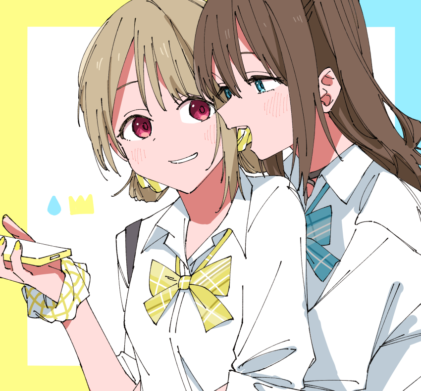 2girls blue_border blue_bow blue_bowtie blue_eyes border bow bowtie brown_hair cellphone character_logo choker collared_shirt commentary grin gyaru gyarugasaki hair_ornament hair_scrunchie haruruhaharur highres holding holding_phone long_hair looking_at_another love_live! love_live!_nijigasaki_high_school_idol_club multiple_girls nakasu_kasumi official_alternate_costume open_mouth osaka_shizuku phone red_eyes school_uniform scrunchie shirt short_hair smartphone smile symbol-only_commentary upper_body white_background white_shirt yellow_border yellow_bow yellow_bowtie yuri