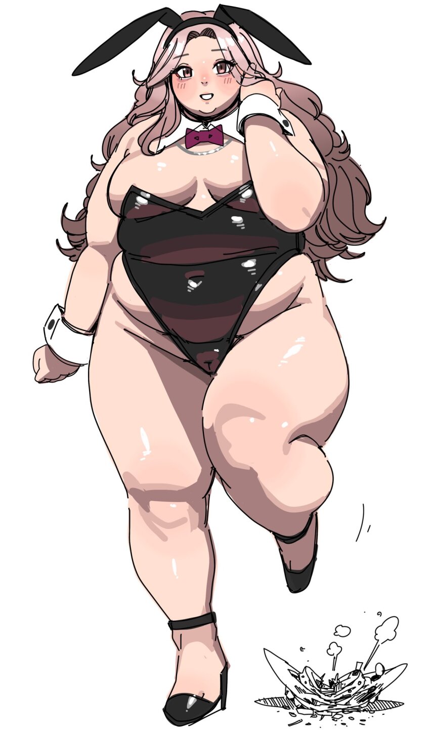 1girl animal_ear_hairband animal_ears anklet black_hairband black_leotard black_shoes blush bow bowtie breasts brown_eyes brown_hair cameltoe covered_navel detached_collar fake_animal_ears fat fat_woman hairband hand_in_own_hair high_heels highleg highleg_leotard highres jewelry leotard lips long_hair medium_breasts original pink_bow pink_bowtie playboy_bunny rabbit_ear_hairband rabbit_ears shoes smile solo standing standing_on_one_leg thick_thighs thighs utoka wavy_hair white_background wrist_cuffs