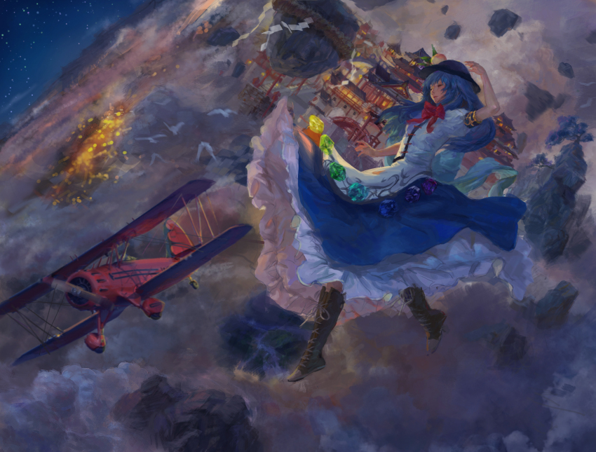 1girl absurdres aircraft airplane antinomy_of_common_flowers blue_hair brown_footwear cavehuuu closed_eyes commentary dress hat highres hinanawi_tenshi long_hair midair puffy_short_sleeves puffy_sleeves red_ribbon ribbon short_sleeves solo touhou