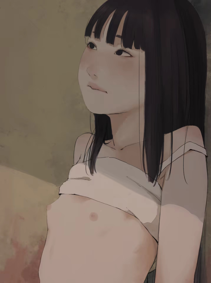 1girl black_eyes black_hair blunt_bangs closed_mouth clothes_lift collarbone flat_chest highres loli long_hair nipples no_bra original otohime_(youngest_princess) shirt shirt_lift sleeveless sleeveless_shirt straight_hair strap_slip upper_body white_shirt