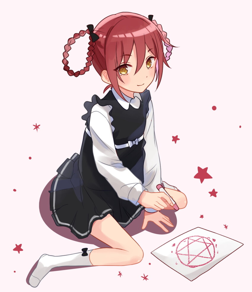 1boy aged_down ankle_socks between_legs black_dress bow braid braided_hair_rings child closed_mouth colored_lineart crayon double-parted_bangs drawing_(object) dress ensemble_stars! footwear_bow frilled_sleeves frills from_above full_body hair_between_eyes hair_bow hair_rings hair_up hand_between_legs highres holding holding_crayon layered_sleeves light_blush light_smile lone_nape_hair long_sleeves looking_at_viewer male_focus mikawa_ayumu official_alternate_hairstyle pentagram peter_pan_collar pleated_skirt red_hair sakasaki_natsume shadow shirt shirt_under_dress short_eyebrows sideways_glance sitting skirt sleeveless sleeveless_dress socks solo star_(symbol) star_symbol_background trap waist_bow wariza white_background white_shirt white_socks yellow_eyes
