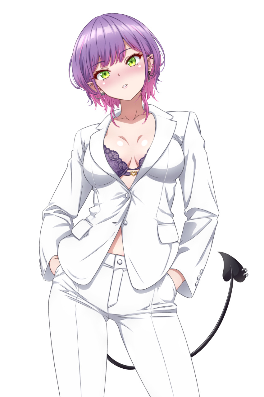 1girl absurdres alternate_costume barbell_piercing bra commentary cowboy_shot demon_girl demon_tail ear_piercing english_commentary formal_clothes gradient_hair green_eyes hands_in_pockets highres hololive industrial_piercing jacket looking_at_viewer mixed-language_commentary multicolored_hair no_shirt official_alternate_hair_length official_alternate_hairstyle p-nekoe pant_suit pants parted_lips partially_unbuttoned piercing pink_hair pointy_ears purple_bra purple_hair simple_background solo straight-on suit suit_jacket swept_bangs tail tokoyami_towa underwear virtual_youtuber white_background white_jacket white_pants