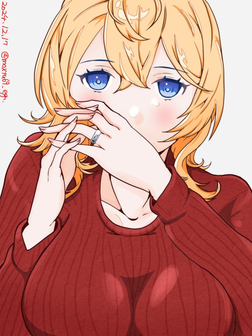 1girl blonde_hair blue_eyes breasts commentary_request grey_background highres jewelry kantai_collection large_breasts looking_at_viewer medium_breasts moxtu69_eg nail_polish pink_nails red_sweater ribbed_sweater ring simple_background solo sweater tuscaloosa_(kancolle) upper_body wedding_ring