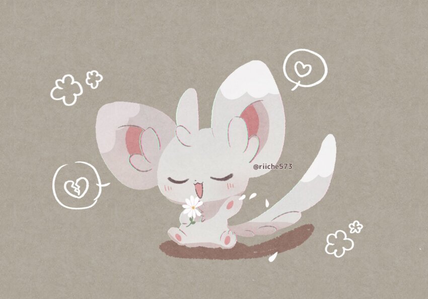 :d blush chira_(riiche573) closed_eyes commentary_request flower flower_symbol full_body gen_5_pokemon heart minccino nintendo no_humans open_mouth petals plucking_petals pokemon pokemon_(creature) pokemon_focus sitting smile solo spoken_heart white_flower