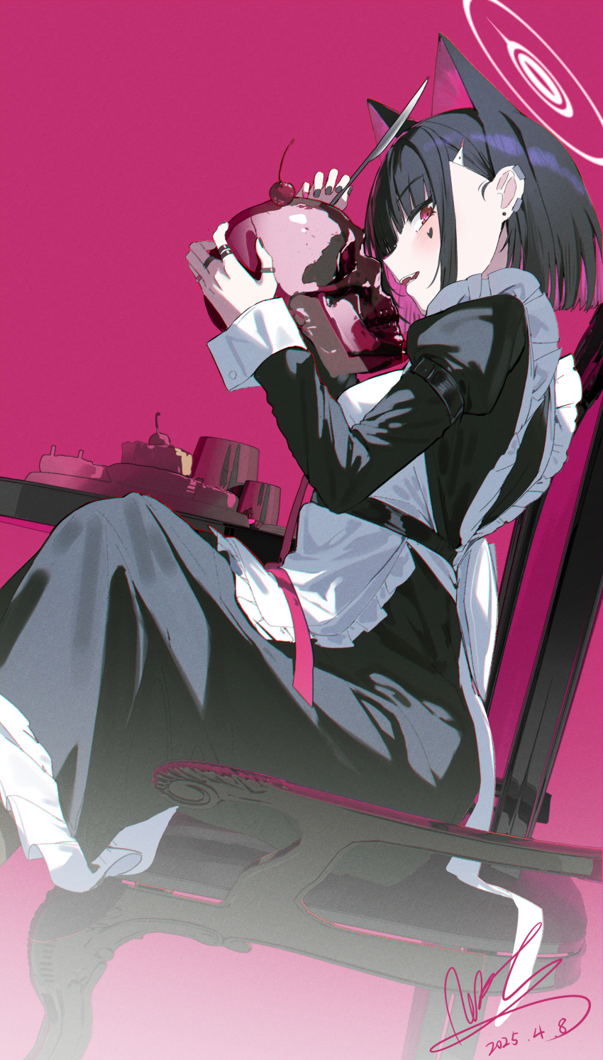 1girl absurdres alternate_costume animal_ears bad_id bad_pixiv_id black_dress black_hair black_pantyhose blue_archive blush cat_ears cat_girl closed_mouth commentary dress frilled_dress frills heart heart_tattoo highres jewelry juliet_sleeves kazusa_(blue_archive) loafers long_sleeves looking_at_viewer looking_to_the_side maid_headdress multiple_rings pantyhose pink_background pink_eyes pink_hair puffy_sleeves qtian ring shoes short_hair signature simple_background single_ear_down solo tattoo white_headdress white_wrist_cuffs wrist_cuffs