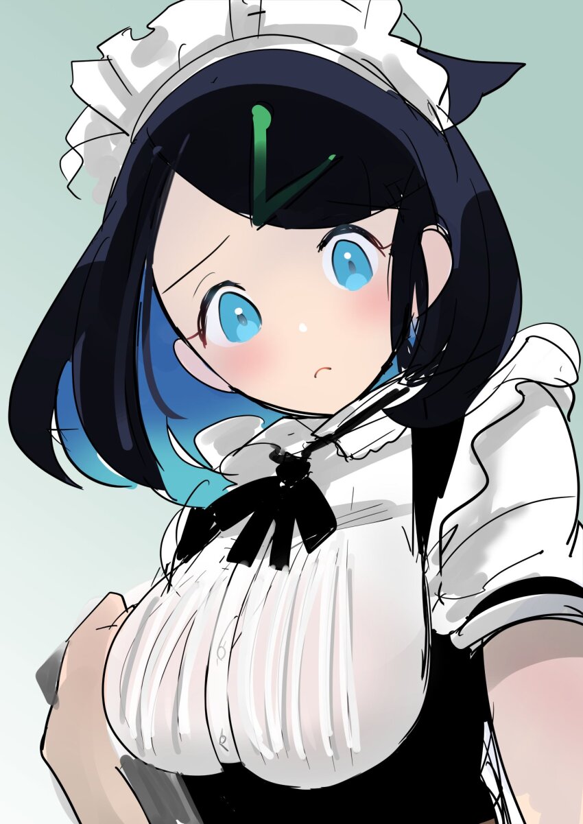 1girl alternate_breast_size alternate_costume black_dress black_hair black_ribbon blouse blue_eyes blue_hair blush breasts close-up colored_inner_hair cowlick dress frilled_hairband frills frown game_freak hair_ornament hairband hairclip highres holding_to_chest large_breasts liko_(pokemon) looking_at_viewer maid_headdress multicolored_hair neck_ribbon nintendo pokemon pokemon_(anime) pokemon_horizons ribbon shirt short_hair short_sleeves sleeveless sleeveless_dress underbust waitress waopk1 white_shirt