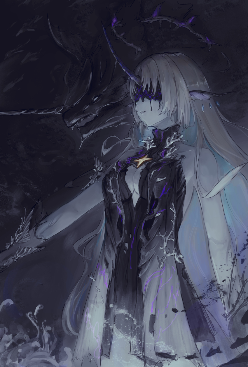 absurdres alternate_breast_size_(smaller) bare_shoulders black_dress breasts center_opening commentary covered_eyes cowboy_shot creature_and_personification dress earrings facing_ahead fins floating_earrings grey_hair head_fins highres horns jewelry large_breasts leviathan_(wuthering_waves) long_hair mienpp parted_lips personification purple_horns single_horn very_long_hair wuthering_waves