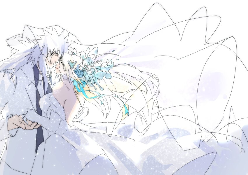 1boy 1girl black_shirt blonde_hair cokiebeard couple dress formal_clothes highres jiraiya_(naruto) long_hair naruto_(classic) naruto_(series) necktie shirt suit tsunade_(naruto) wedding_dress white_necktie