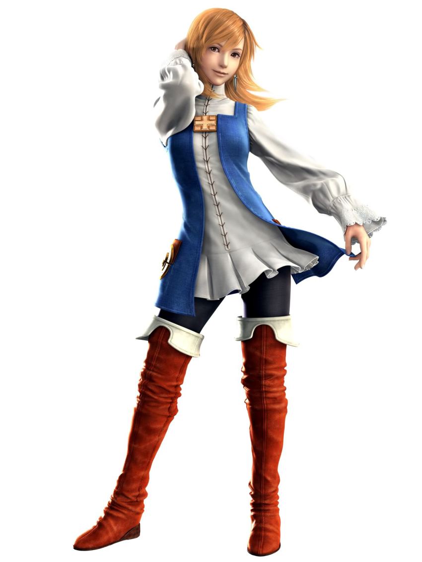 1990s_(style) 1girl 3d boots brown_eyes brown_hair female_focus final_fantasy final_fantasy_iii highres leggings official_art refia retro_artstyle simple_background skirt solo thigh_boots thighhighs