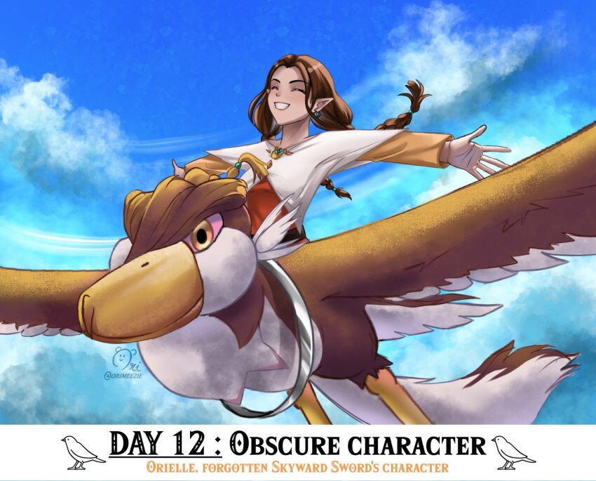 1girl bird blue_background blue_sky braid brown_hair character_name closed_eyes earrings english_text grin highres jewelry loftwing long_hair nintendo orielle orimeezie outstretched_arms pointy_ears riding riding_animal sky smile solo the_legend_of_zelda the_legend_of_zelda:_skyward_sword twin_braids upper_body
