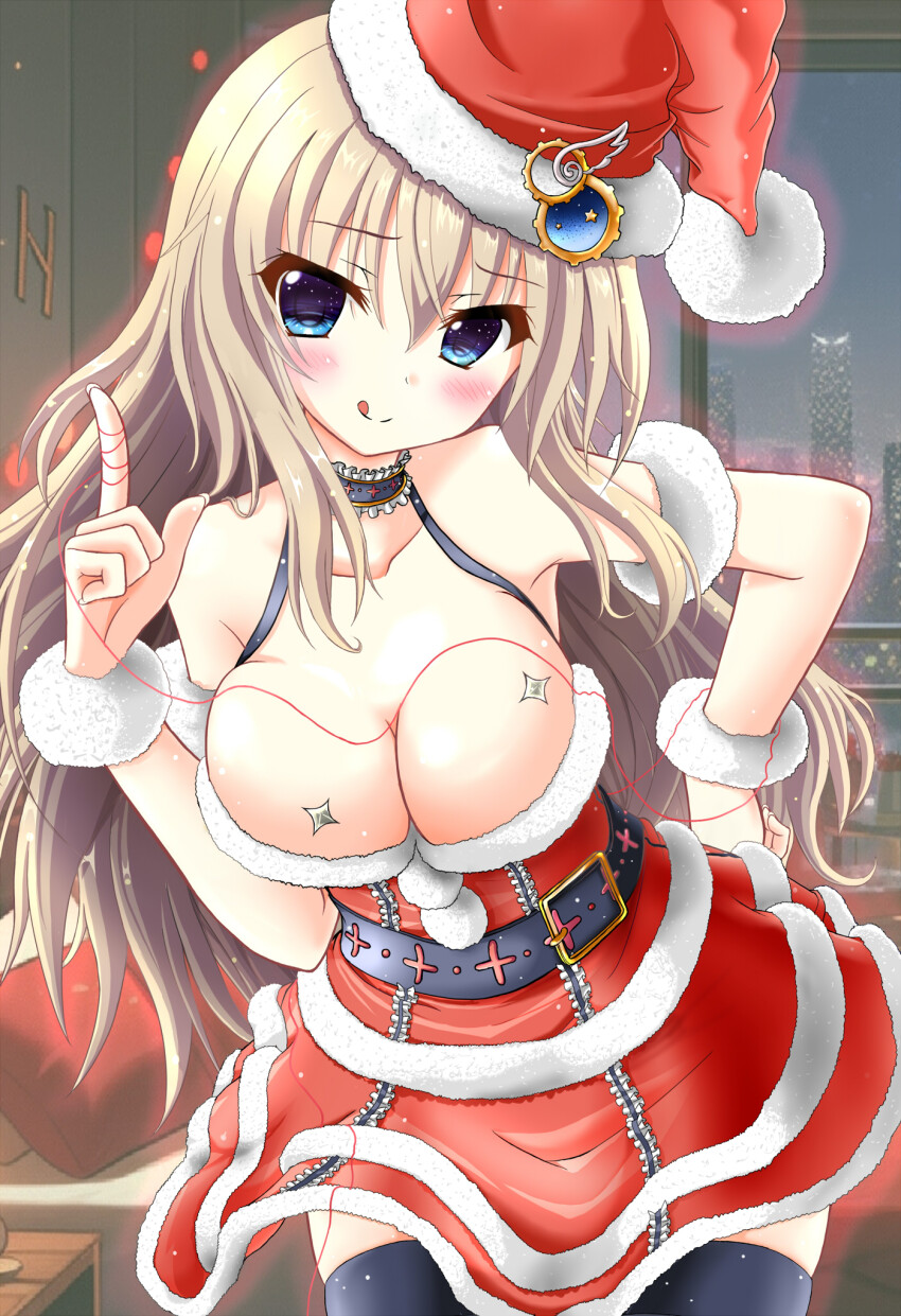 1girl 9-nine- :q alternate_costume bare_shoulders belt black_belt black_choker black_thighhighs blue_eyes blush breasts brown_hair choker christmas cleavage closed_mouth commentary_request cowboy_shot curvy dress eyes_visible_through_hair finger_ribbon frilled_choker frills fur-trimmed_dress fur_trim fur_wrist_cuffs gear_hat_ornament hair_between_eyes hand_on_own_hip hand_up hat hat_ornament highres index_finger_raised indoors kujou_miyako large_breasts long_hair looking_at_viewer nineball0211 pom_pom_(clothes) red_dress red_ribbon ribbon santa_costume santa_dress santa_hat sidelocks sleeveless sleeveless_dress smile solo split_mouth star_(symbol) thighhighs tongue tongue_out very_long_hair wing_hat_ornament wrist_cuffs