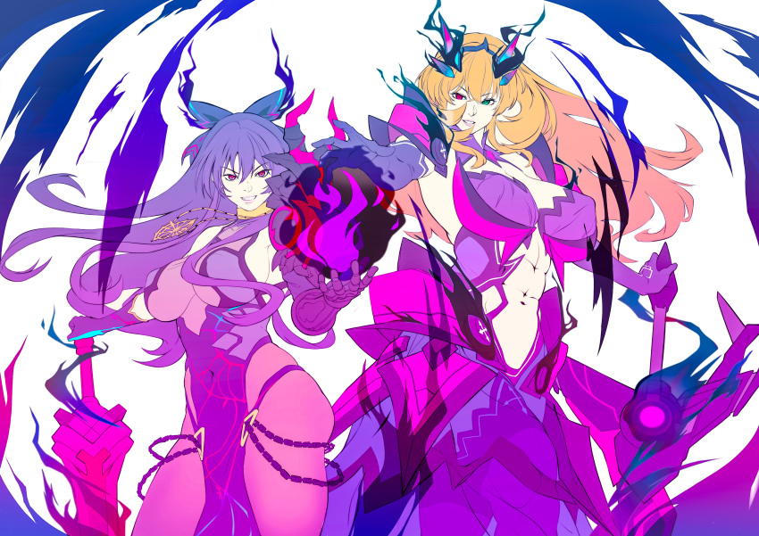 2girls armor armored_dress aura barghest_(fate) barghest_(fate)_(cosplay) barghest_(second_ascension)_(fate) blonde_hair bow breasts cosplay costume_switch crossover dark_aura date_a_live dress excalibur_galatine_(fate) fate/grand_order fate_(series) heterochromia highres horns inoue_marina large_breasts long_hair multiple_girls purple_eyes purple_hair shoulder_pads sleeveless sleeveless_dress sword voice_actor_connection weapon yatogami_tohka yatogami_tohka_(cosplay) yatogami_tohka_(true_form)