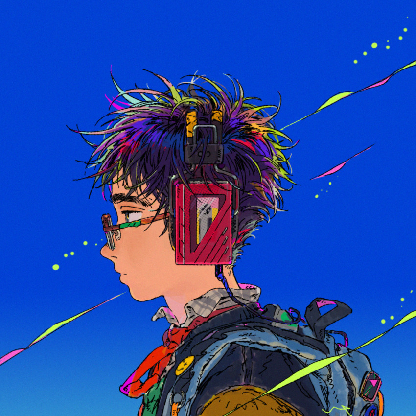 1boy backpack bag blue_background cassette_player cassette_tape closed_mouth collared_shirt colored_tips commentary cropped_shoulders dated_commentary earphones from_side glasses grey_eyes lip_(lih8) listening_to_music male_focus messy_hair multicolored_hair necktie original profile purple_hair red_necktie semi-rimless_eyewear shirt short_hair simple_background solo thick_eyebrows walkman
