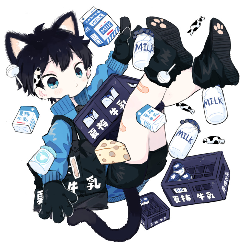 1boy animal_ears bandaid bandaid_on_leg black_boots black_gloves black_hair black_shirt black_shorts blue_eyes blue_jacket boots bottle candy cat_boy cat_ears cat_tail closed_mouth cotono_(nazekun) crate food gloves highres jacket lollipop long_sleeves male_focus milk milk_bottle milk_carton neko-kun_(cotono_(nazekun)) open_clothes open_jacket original paw_print_soles pencil pencil_behind_ear shirt short_hair shorts tail