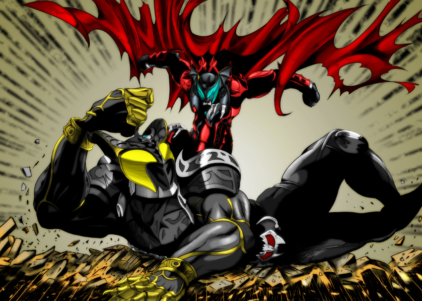 2boys cape compound_eyes debris kamen_rider kamen_rider_arc kamen_rider_dark_kiva kamen_rider_kiva_(series) lying multiple_boys solaris_x2 stomping