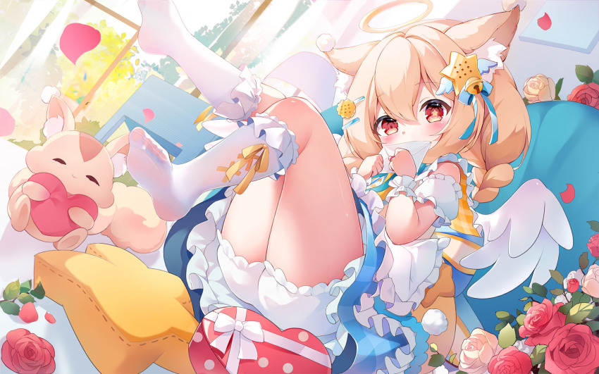 1girl angel_wings animal_ear_fluff animal_ears apron artist_request bell blonde_hair bloomers blue_bow blush bow button_hair_ornament covering_own_mouth detached_sleeves dress drill_hair envelope feet flower food frilled_apron frilled_dress frilled_socks frilled_wrist_cuffs frills full_body hair_bell hair_between_eyes hair_bow hair_ornament hairclip halo hanamaru_lily heart heart-shaped_food highres holding holding_envelope letter long_hair looking_at_viewer love_letter mismatched_pupils no_shoes original puffy_detached_sleeves puffy_sleeves red_eyes rose second-party_source sitting sleeveless sleeveless_dress socks solo star-shaped_pillow star-shaped_pupils star_(symbol) star_hair_ornament stuffed_animal stuffed_toy symbol-shaped_pupils toes twin_drills underwear white_apron white_bloomers white_sleeves white_socks white_wings white_wrist_cuffs wings wrist_cuffs yellow_dress yellow_halo