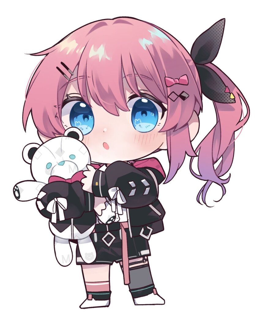 1girl asymmetrical_legwear black_jacket black_ribbon black_shorts blue_eyes blush chibi chibi_only colored_tips commentary full_body grey_thighhighs hair_ornament hair_ribbon hairclip hashtag-only_commentary highres hood hood_down hooded_jacket jacket kashikaze kuramochi_meruto kuramochi_meruto_(1st_costume) long_hair long_sleeves looking_at_viewer multicolored_hair nijisanji open_clothes open_jacket open_mouth pink_hair pink_socks purple_hair rene_(kuramochi_meruto) ribbon shirt shorts side_ponytail simple_background single_thighhigh socks solo stuffed_animal stuffed_toy teddy_bear thigh_strap thighhighs virtual_youtuber white_background white_shirt