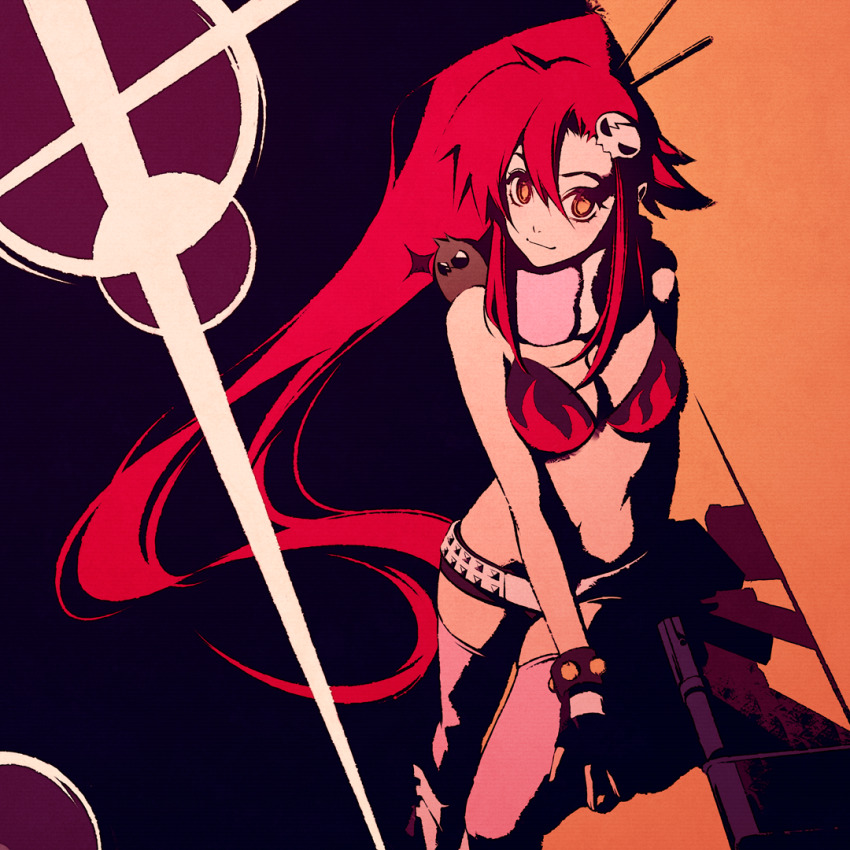 1girl animal animal_on_shoulder belt bikini bikini_top_only black_gloves black_shorts boota_(ttgl) boots breasts fingerless_gloves flame_print glint gloves gun hair_ornament high_ponytail holding holding_gun holding_weapon light_smile long_hair looking_at_viewer medium_breasts moshimoshibe navel orange_eyes pink_thighhighs ponytail red_hair rifle scarf short_shorts shorts skull_hair_ornament sniper_rifle solo studded_belt swimsuit tengen_toppa_gurren_lagann thighhighs two-tone_background very_long_hair weapon white_belt yoko_littner