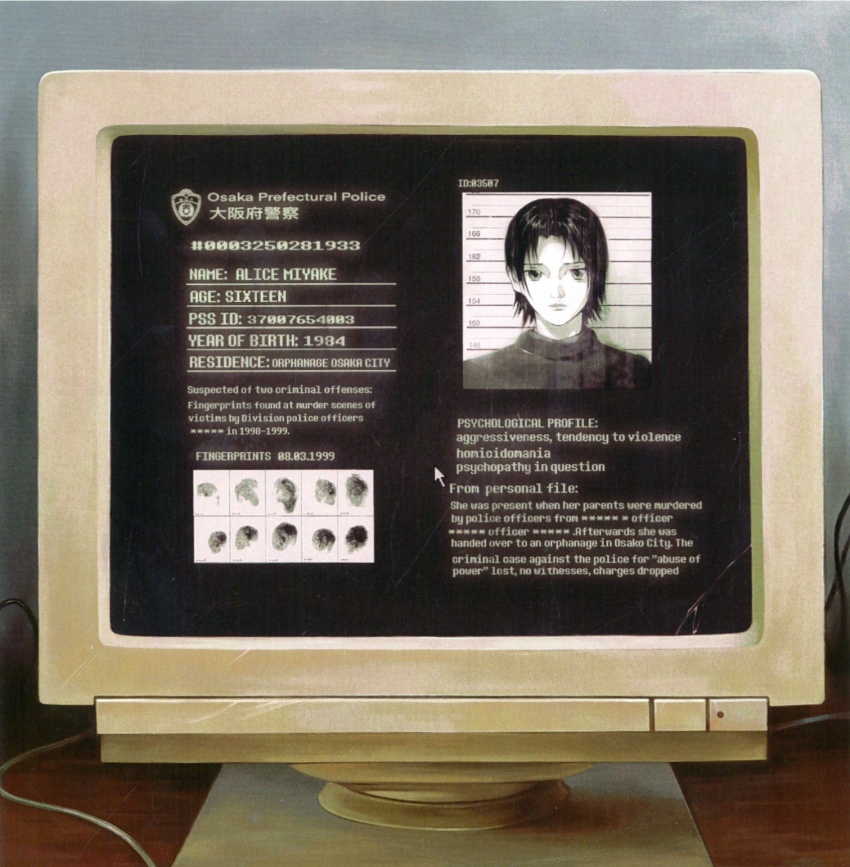 1girl character_profile crt english_text fingerprint height_chart highres monitor mugshot original short_hair shyzzzi still_life turtleneck